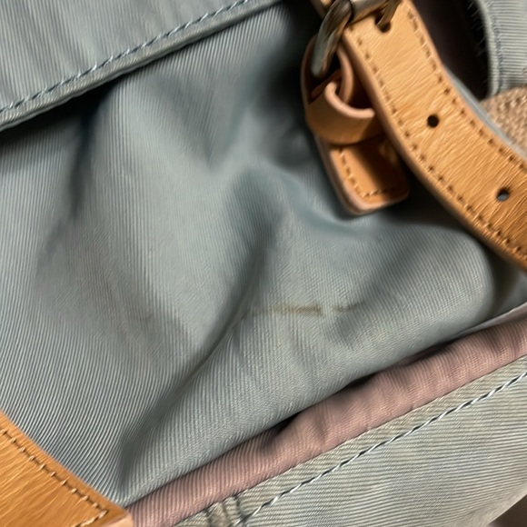 Doughnut Brand 14 inch Backpack, Blue & Purple with Tan Leather Straps - Picture 15 of 16